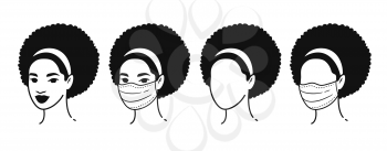 Vector outline illustration collection of  african american female portrait user picture wearing protection medical mask isolated on white background. Coronavirus quarantine set.
