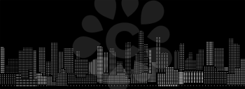 Abstract horizontal vector black and white background of cyberpunk futuristic cityscape night lights.
