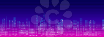 Horizontal vector background futuristic cityscape silhouette with night lights in neon purple and pink colors.