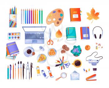 Top view vector illustrations collection of office workplace items isolated on white background.