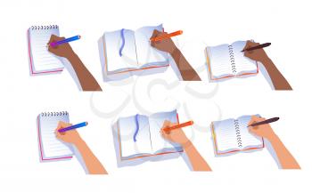 Vector collection of hands writing in copy space notebooks and paper and notebooks isolated on white background.