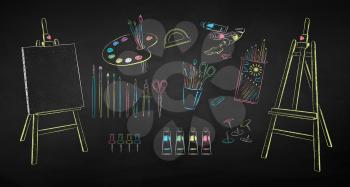 Vector color chalk drawn illustration collection of art students supplies on chalkboard background.
