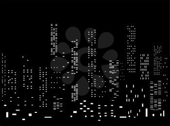 Abstract horizontal vector black and white background with cityscape night lights.