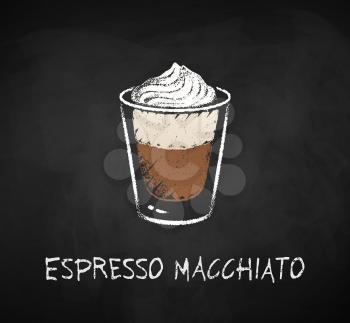 Espresso macchiato coffee shot isolated on black chalkboard background. Vector chalk drawn sideview grunge illustration.