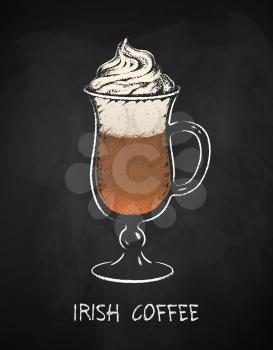 Irish coffee cup isolated on black chalkboard background. Vector chalk drawn sideview grunge illustration.