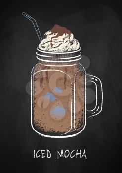 Iced Mocha coffee cup isolated on black chalkboard background. Vector chalk drawn sideview grunge illustration.