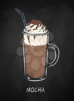 Mocha coffee cup isolated on black chalkboard background. Vector chalk drawn sideview grunge illustration.