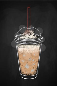 Iced coffee cup isolated on black chalkboard background. Vector chalk drawn sideview grunge illustration.