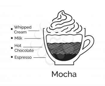 Vector minimalistic infographic illustration of Mocha coffee recipe isolated on white background.