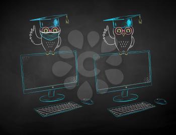 Vector chalk drawn illustrations of student owl sitting on desktop screen with and without face mask on black chalkboard background.