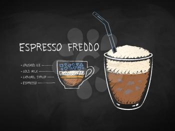 Vector chalk drawn infographic illustration of Espresso Freddo coffee recipe on chalkboard background.