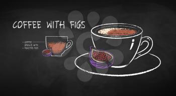 Vector chalk drawn infographic illustration of coffee with figs recipe on chalkboard background.