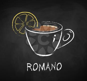 Vector chalk drawn illustration of Romano coffee cup on chalkboard background.