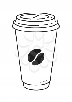 Vector minimalistic line art illustration of disposable paper coffee cup isolated on white background.