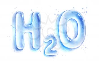 Watercolor vector isolated illustration of water drops H2O lettering. Realistic hand drawn art with paint smudges and splashes.
