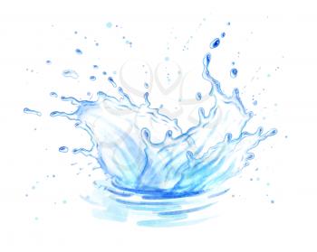 Watercolor vector isolated illustration of pure water splatter crown. Realistic hand drawn art with paint splashes and drops.