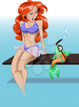 Royalty Free Clipart Image of a Woman Talking to a Fish