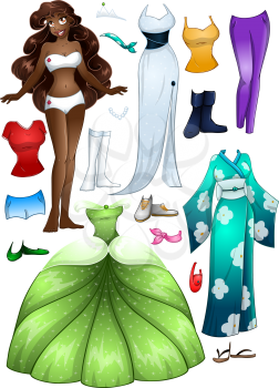A vector illustration of an african girl template outfit and accessories dress up pack.