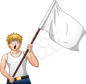 Vector illustration of a guy holding a white flag and surrendering.