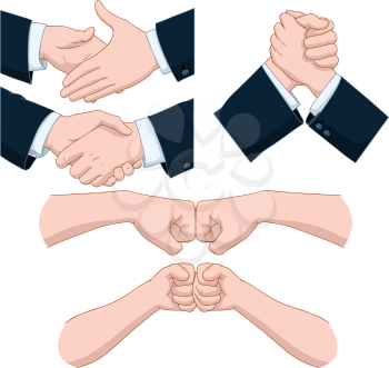 Vector illustrations pack of various hand shakes and fist bumps
