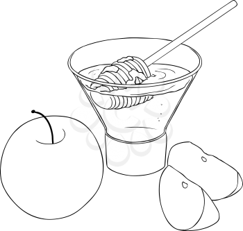 Vector illustration coloring page of honey and apple for Rosh Hashanah the Jewish new year.
