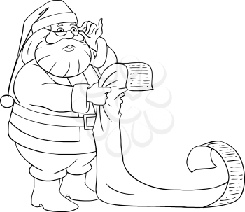 A vector illustration of Santa Claus holding and reading from his Christmas list of good and bad children.