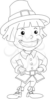 Vector illustration coloring page of a settler boy wearing traditional clothes for Thanksgiving.