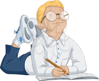 Vector illustration of a smart blond boy writing in a notebook.