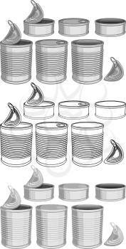 Vector illustration pack of various canned food cans color and lineart.
