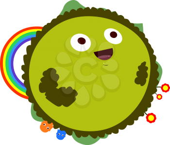 A vector illustration of a cute green planet with flowers and rainbow.