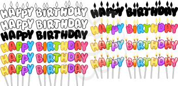 Vector illustration set of colorful Happy Birthday text on stick and candles.