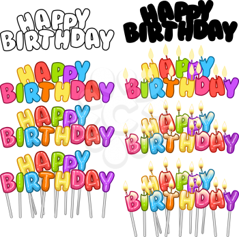 Vector illustration set of colorful Happy Birthday text on stick and candles.