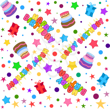 Vector illustration pattern of colorful Happy Birthday text cake presents and stars.