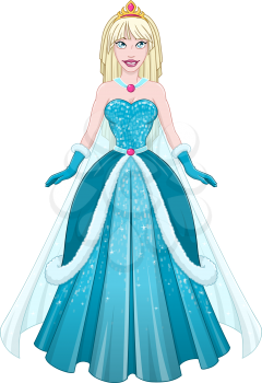 Vector illustration of a snow princess queen in blue dress and cape.