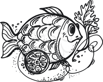 hand drawn, cartoon, sketch illustration of fish dish with lemon