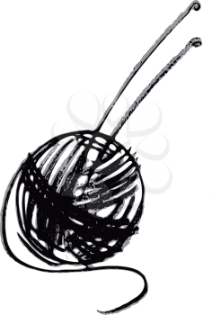 hand drawn, cartoon, sketch illustration of ball of yarn and knitting needles