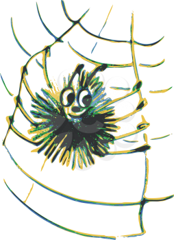 hand drawn, cartoon, sketch illustration of spider on a web