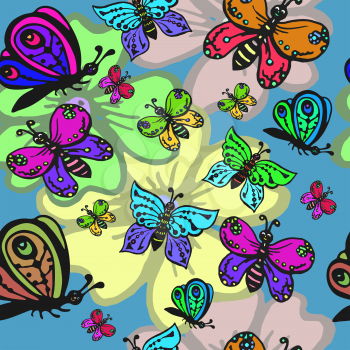 Vector graphic, artistic, stylized image of seamless pattern with decorative butterflies on flowers
