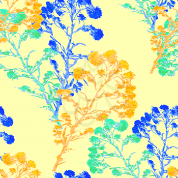 Vector graphic, artistic, stylized image of seamless pattern watercolor flower Helichrysum, yarrow