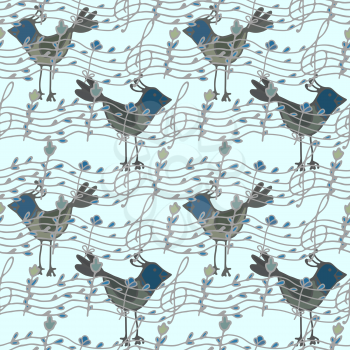 Vector graphic, artistic, stylized image of seamless pattern with musical notes and birdsong
