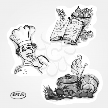 Vector graphic, artistic, stylized set for design - cookbook recipes, cook, pot of soup with vegetables