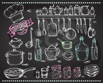 Vector graphic, artistic, stylized set for design Kitchen - a stylized drawing with chalk on a blackboard utensils