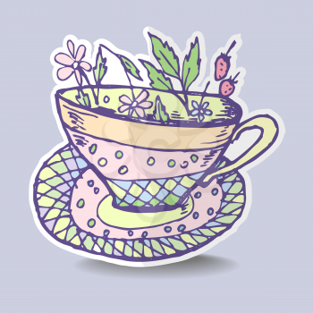 Vector illustration with the image of a cup of herbal tea, sticker, emblem, badge.