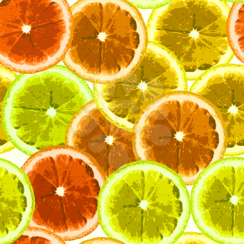 Bright seamless vector pattern with the image slices of lemon, lime, orange. Can be used to design fabrics, wallpaper, wrapping paper.