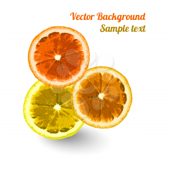Vector greeting card, background with the image slices of orange, lemon, lime. Can be used to design advertising citrus. Space for text.