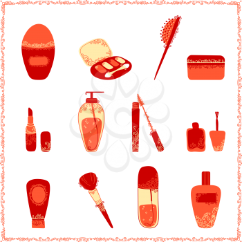 Hand-drawn elements of body care and cosmetics with vintage ornament for your design.