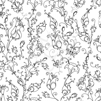 Black and white floral pattern with butterflies for your design.