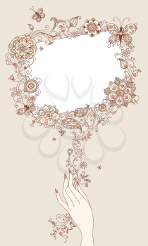 Illustration with abstract floral elements and blank sign for your text.