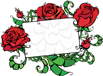 Illustration of roses and blank sign for your text. Isolated on white background for your Valentine's or wedding design. 