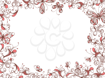 Vintage floral pattern with butterflies on white background. There is place for your text in the center.